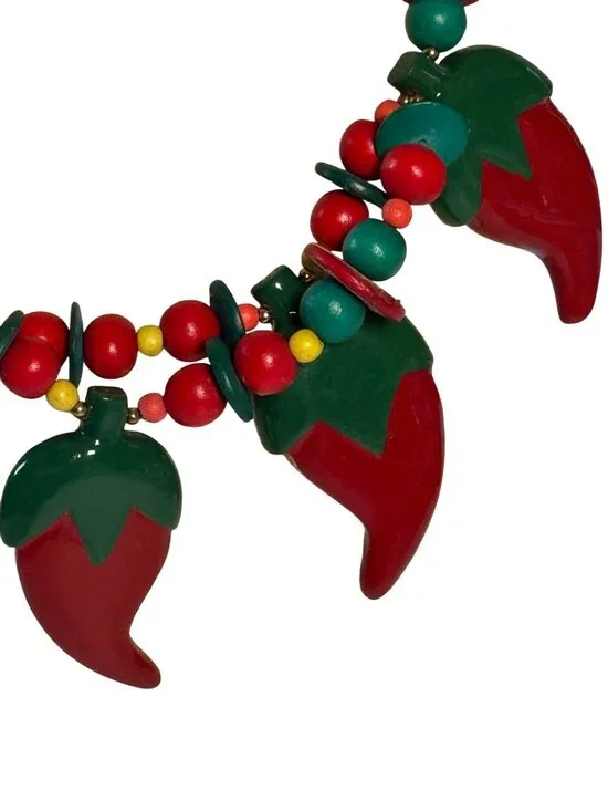 Vintage Wooden Bead Necklace With Red & Green Pepper Charms 22" Long Colorful Re - Picture 2 of 7